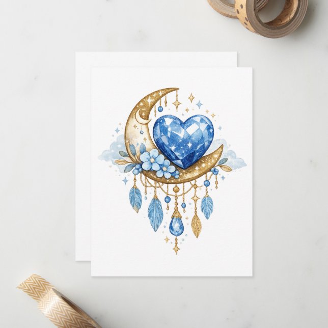 June Birthstone Moon Heart Boho Blue Gem Design Card (Front/Back In Situ)