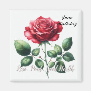 June Birthstone Pearl and Red Rose  Magnet