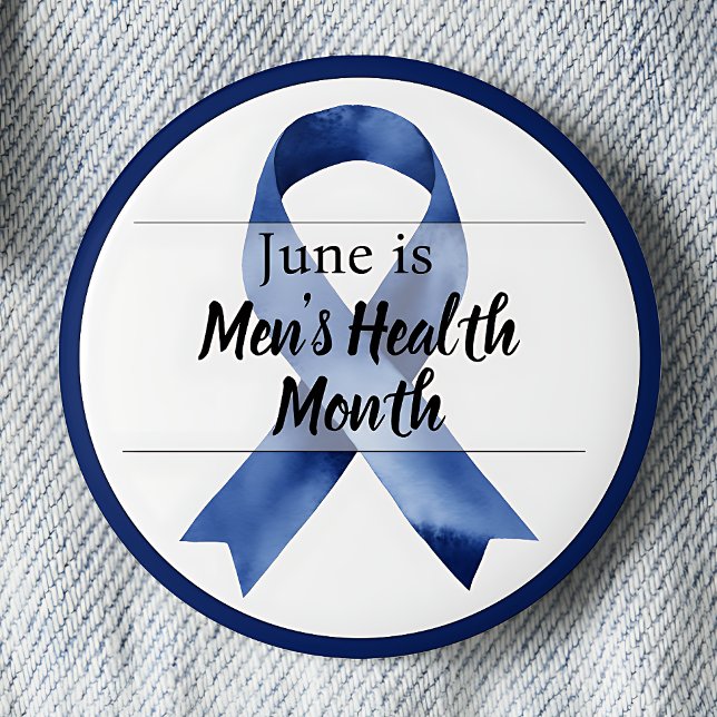 June Men's Health Month 6 Cm Round Badge (Blue Awareness Ribbon June is Men's Health Month pinback button.)