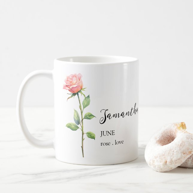 JUNE ROSE BIRTH FLOWER MONTH NAME GIFT COFFEE MUG (With Donut)