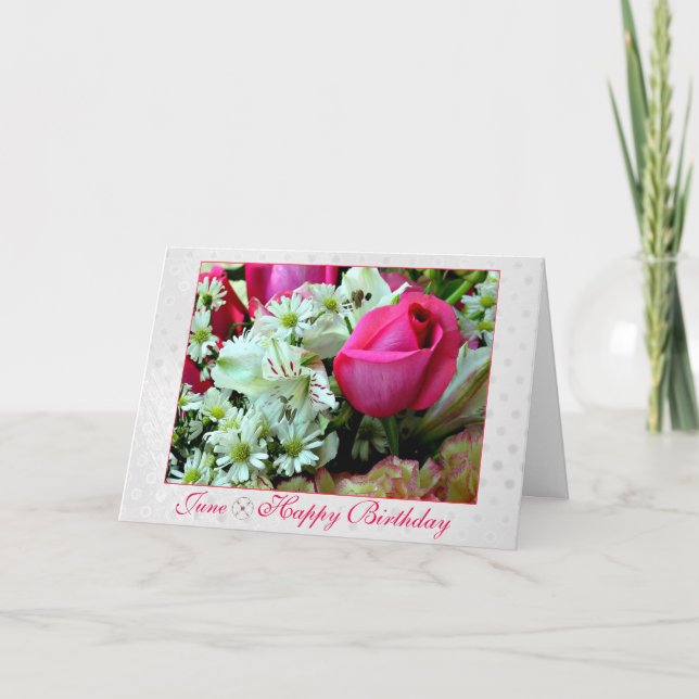 June Stunning Pink Red Rose Birthday Month Card (Front)