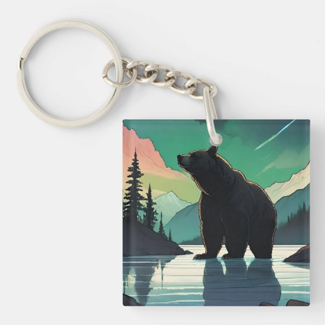 Juneau Alaska grizzly bear aurora northern lights  Key Ring (Front)