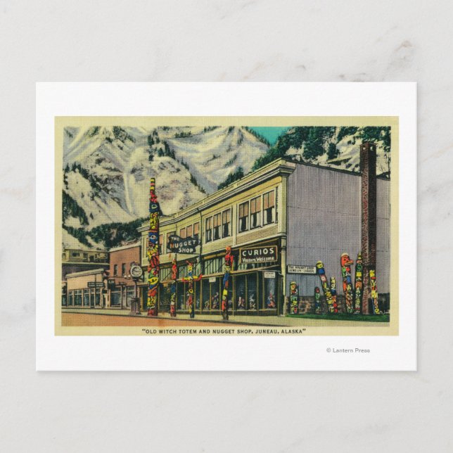 Juneau, Alaska View of Old Witch Totem and Nugge Postcard (Front)