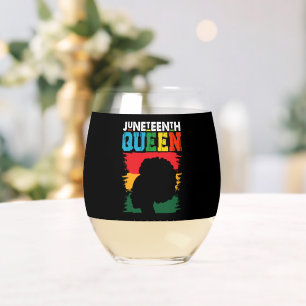 Juneteenth Queen Black Afro Melanin Girl Stemless Wine Glass