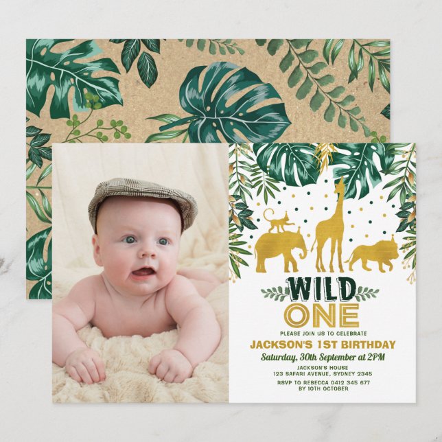 Jungle 1st Birthday Wild One Safari Animals Party Invitation (Front/Back)