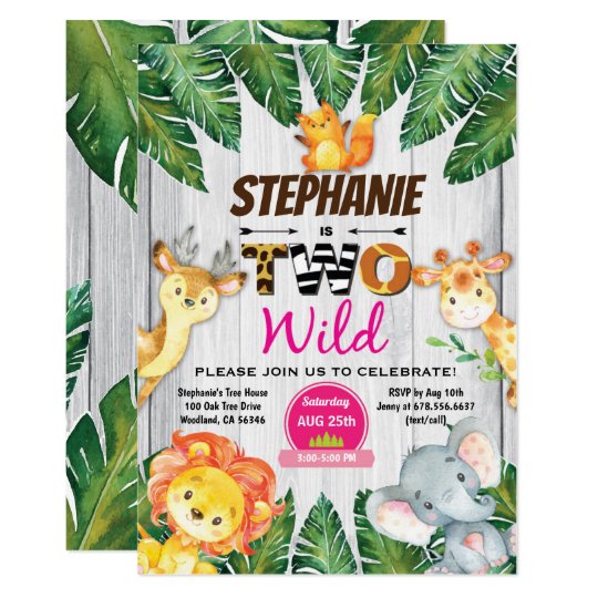Jungle 2nd Birthday Invitation Girl Safari Zoo Two Zazzle Co Uk