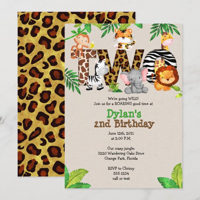 Jungle 2nd Birthday Party Invitations (Front/Back)