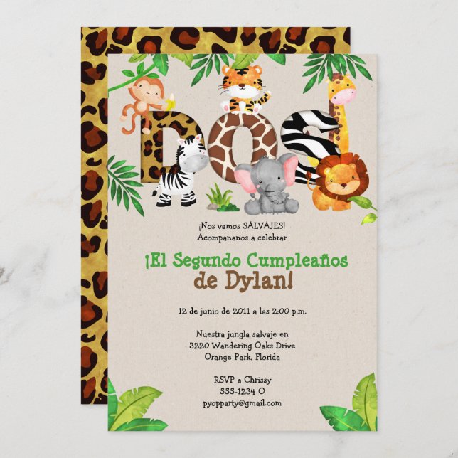 Jungle 2nd Birthday Party Invitations - Español (Front/Back)