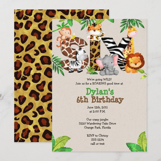 Jungle 6th Birthday Party Invitations (Front/Back)