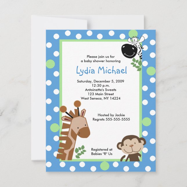 JUNGLE ADVENTURE BLUE 4x5 Baby Shower Invitations (Front)