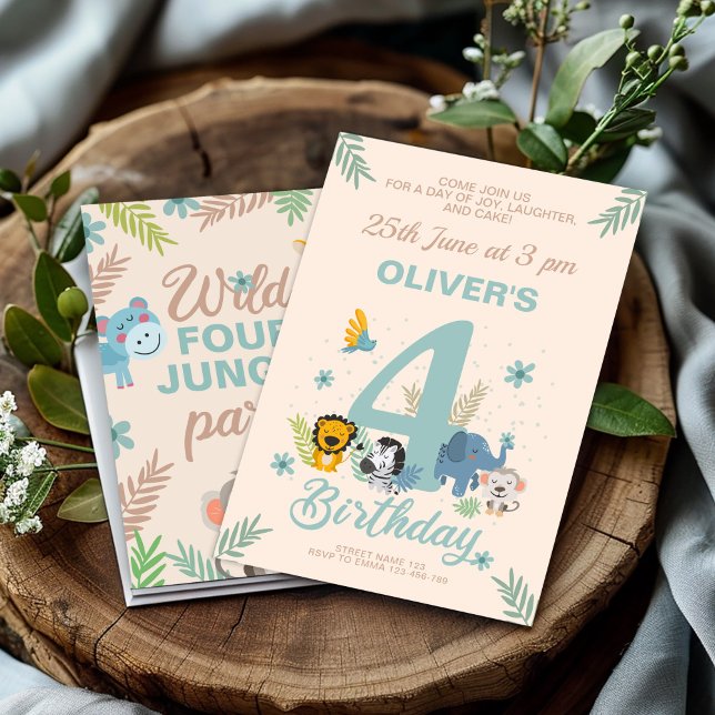 Jungle Adventure Blue Fourth Birthday Invitation (Creator Uploaded)