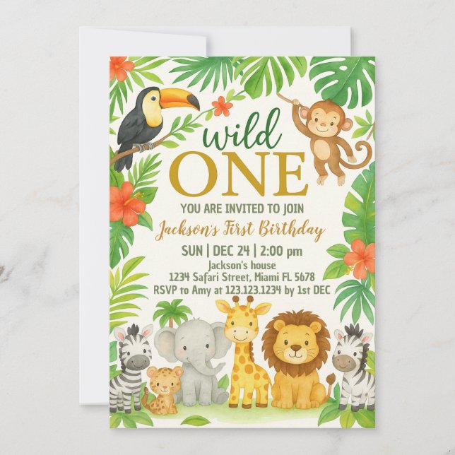 Jungle Animal 1st Birthday Party Invitation (Front)