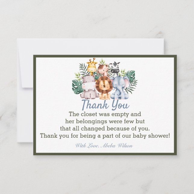 Jungle Animal Baby shower Party Thank You Card (Front)