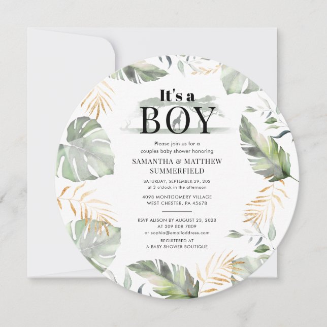 Jungle Animal Botanical Modern Boy Baby Shower Invitation (Front)