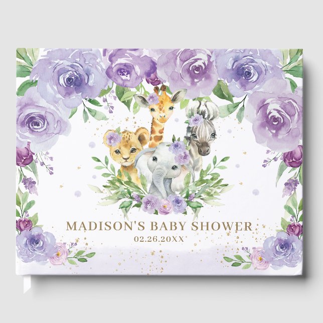 Jungle Animal Chic Purple Floral Baby Shower  Guest Book (Front)