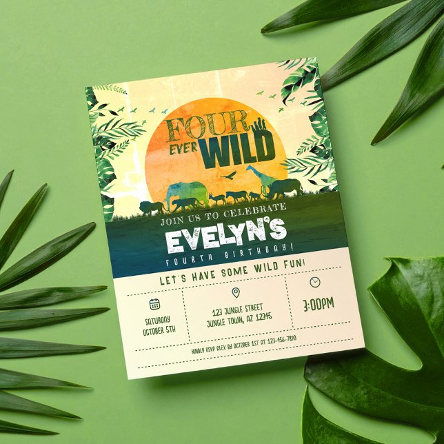 Jungle Animal Four Ever Wild Cheap Birthday Invite (Creator Uploaded)