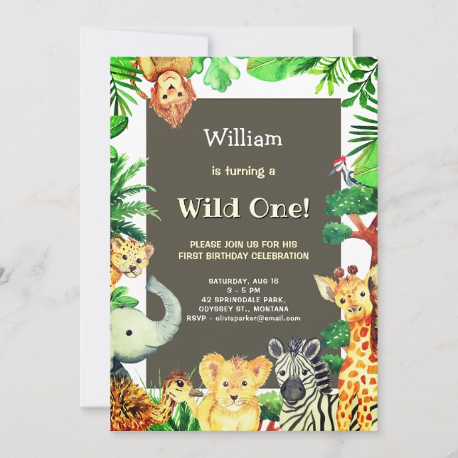 Jungle Animal Framed Wild One First Birthday Party Invitation (Front)