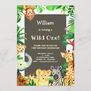 Jungle Animal Framed Wild One First Birthday Party Invitation