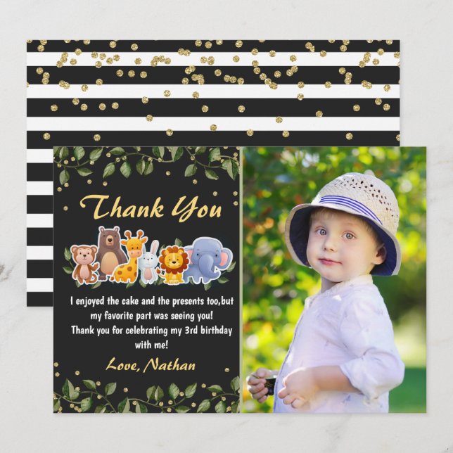 Jungle Animal Friends Zoo Party Birthday Photo Thank You Card (Front/Back)