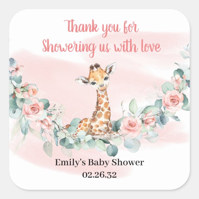 Jungle animal giraffe eucalyptus pink flowers baby square sticker (Front)