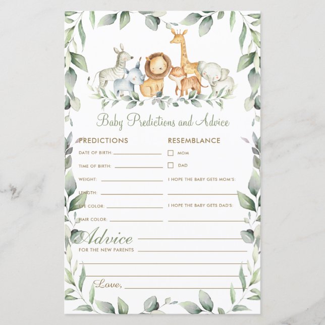 Jungle Animal Greenery Baby Predictions and Advice (Front)