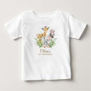 Jungle Animal Pink Floral Girl 1st Birthday Outfit Baby T-Shirt