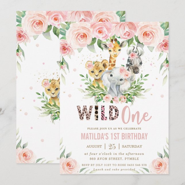 Jungle Animal Safari Blush Floral 1st Birthday Invitation (Front/Back)