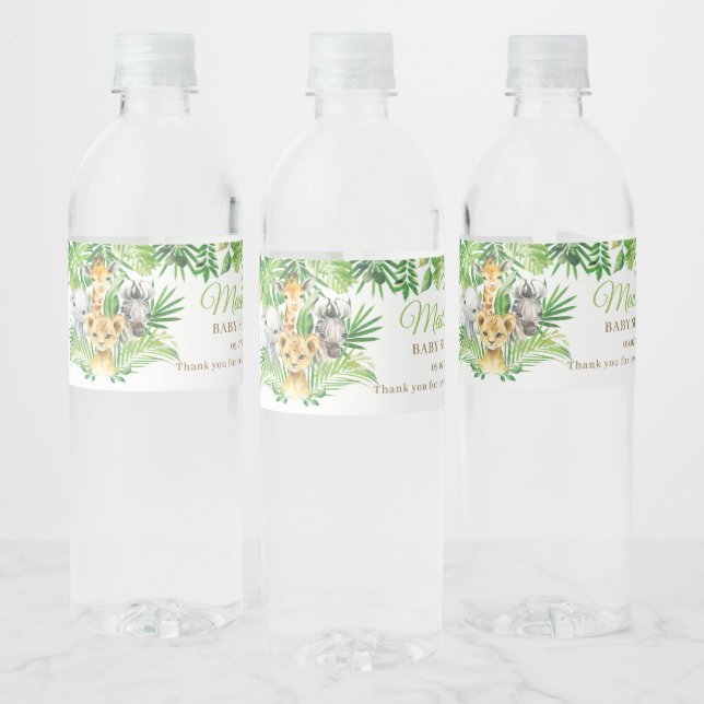 Jungle Animal Safari Greenery Lion Baby Shower  Water Bottle Label (Bottles)