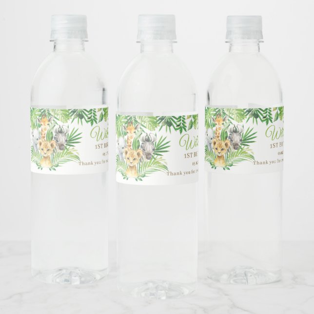 Jungle Animal Safari Greenery Lion Birthday Party Water Bottle Label (Bottles)