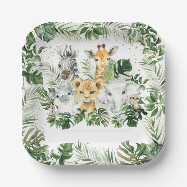 Jungle Animal Safari Greenery Neutral Baby Shower Paper Plate (Front)