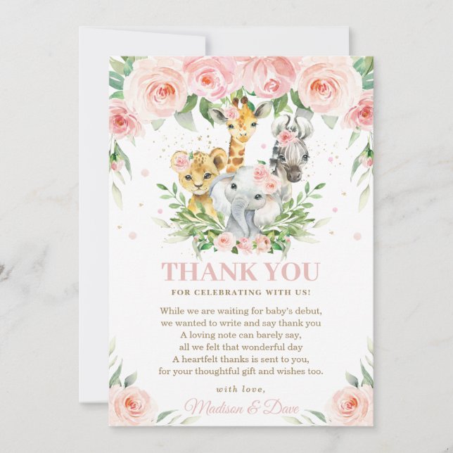 Jungle Animal Safari Pink Blush Floral Baby Shower Thank You Card (Front)