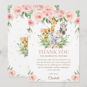 Jungle Animal Safari Pink Blush Floral Birthday  Thank You Card