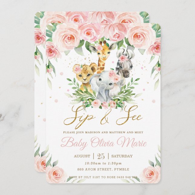 Jungle Animal Safari Pink Blush Floral Sip and See Invitation (Front/Back)