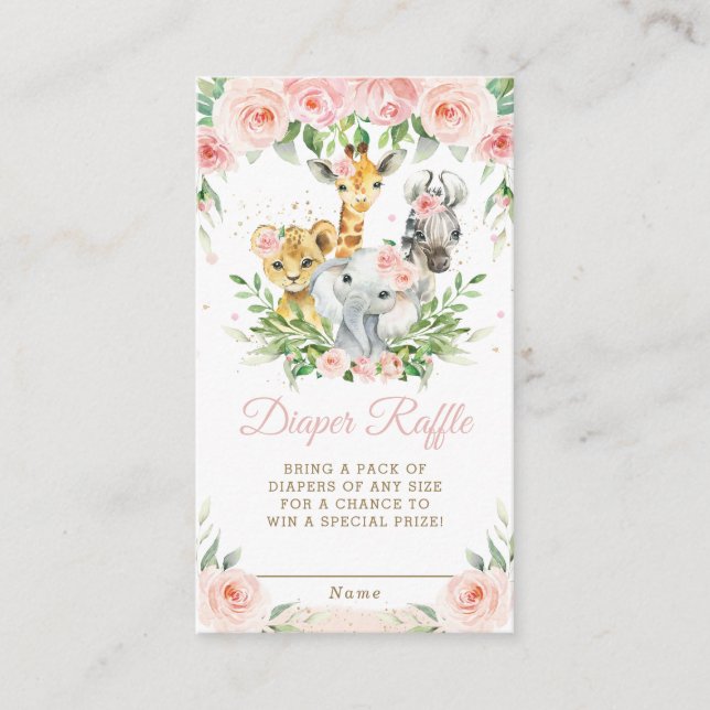 Jungle Animal Safari Pink Floral Diaper Raffle Enclosure Card (Front)