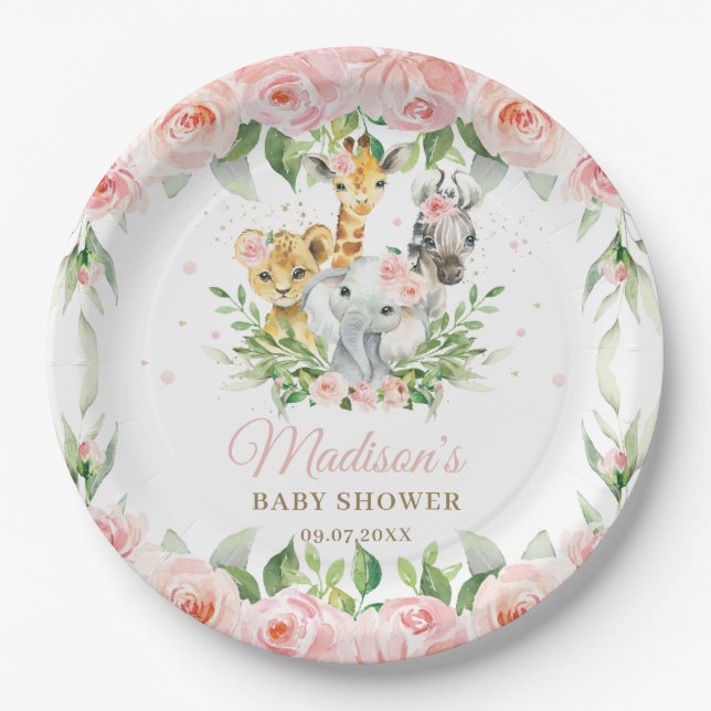 Jungle Animal Safari Pink Floral Girl Baby Shower  Paper Plate (Front)