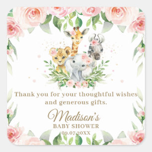 Jungle Animal Safari Pink Floral Girl Baby Shower  Square Sticker