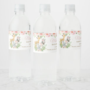 Jungle Animal Safari Pink Floral Girl Baby Shower Water Bottle Label