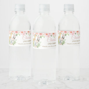 Jungle Animal Safari Pink Floral Girl Birthday Water Bottle Label