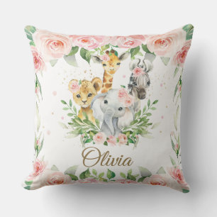 Jungle Animal Safari Pink Floral Girl Nursery Room Cushion