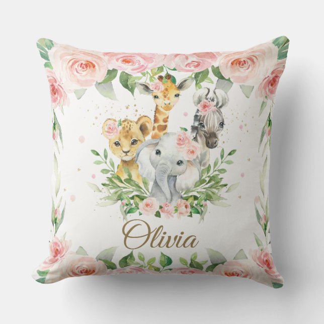 Jungle Animal Safari Pink Floral Girl Nursery Room Cushion (Front)