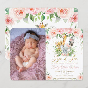 Jungle Animal Safari Pink Floral Sip and See Photo Invitation