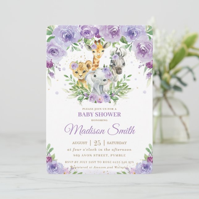 Jungle Animal Safari Purple Floral Baby Shower  In Invitation (Standing Front)