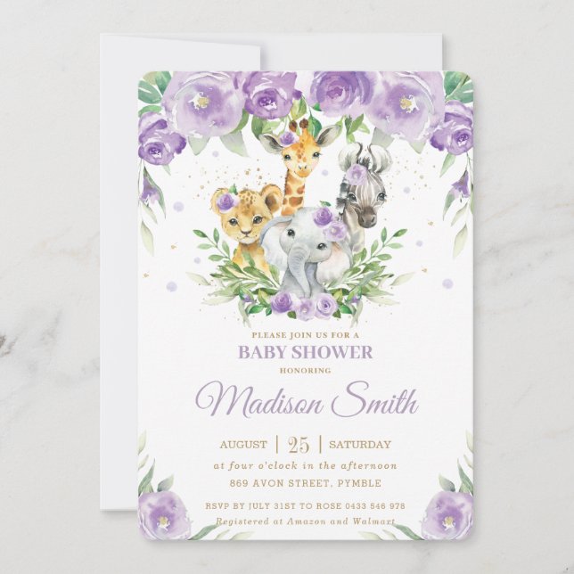 Jungle Animal Safari Purple Floral Baby Shower  Invitation (Front)