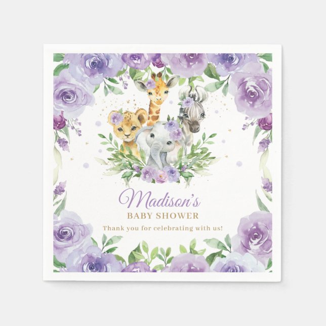 Jungle Animal Safari Purple Floral Baby Shower Napkin (Front)