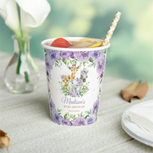 Jungle Animal Safari Purple Floral Baby Shower Paper Cups