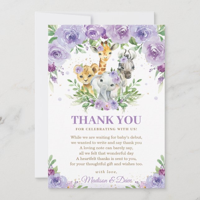 Jungle Animal Safari Purple Floral Baby Shower Thank You Card (Front)