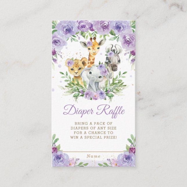 Jungle Animal Safari Purple Floral Diaper Raffle  Enclosure Card (Front)