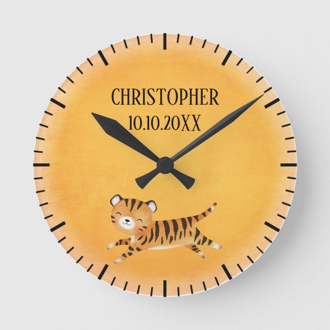 Jungle Animal Tiger Safari Monogram Nursery Round Clock (Front)