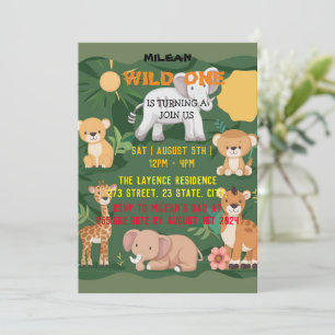 Jungle Animal Wild One boy 1st Birthday  Invitation