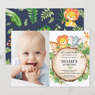 Jungle Animals 1st Birthday Greenery Safari Photo Invitation